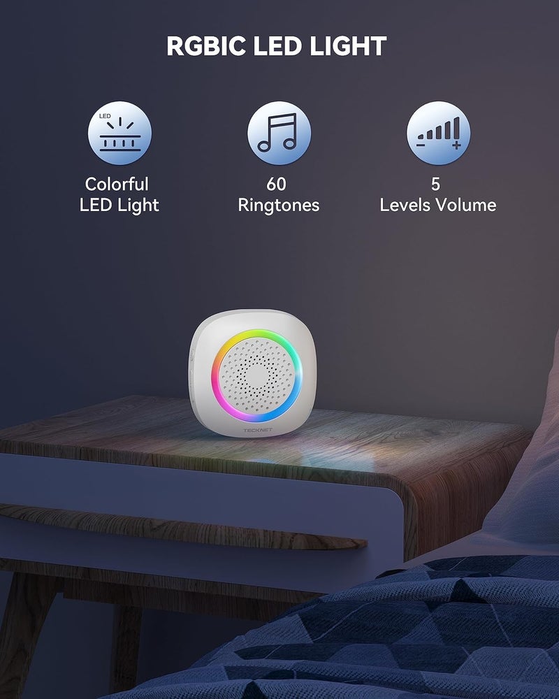 TECKNET جرس باب لاسلكي مع 3 أجراس باب محمولة مع ضوء RGB، مجموعة جرس باب تعمل بالبطارية ومقاومة للماء IP66، نطاق لاسلكي 1300 قدم، 60 لحن و5 مستويات صوت، وقت الاستخدام يصل إلى 4.5 سنوات - Image 4